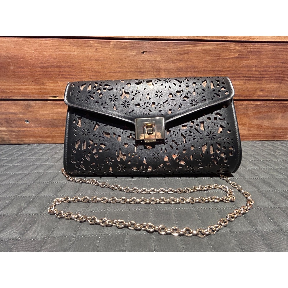 INC International Concepts Eryn Perforated Clutch/Purse-Black with gold